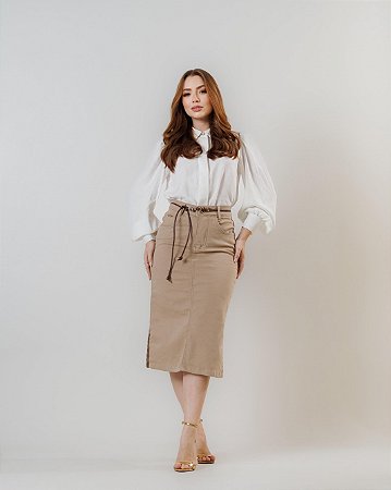 Saia Midi Modesta Bege Cinto Decorativo