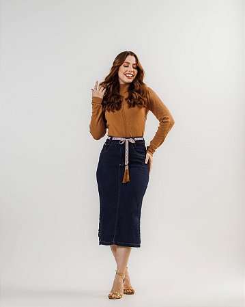 Saia Jeans Midi Moda Evangélica Grace com Cinto