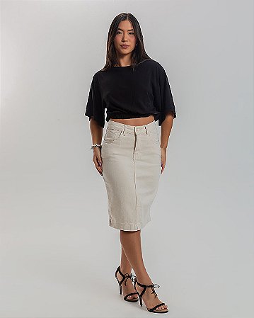 Saia Jeans Off White Midi Black Jeans Cintura Alta Modelagem Clássica
