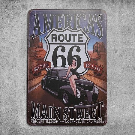 Placa de Metal Route 66 Americas Main Street Retrô Vintage