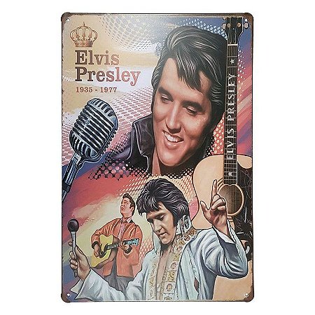 Placa de Metal Decorativa Elvis Presley Violão - 30 x 20 cm