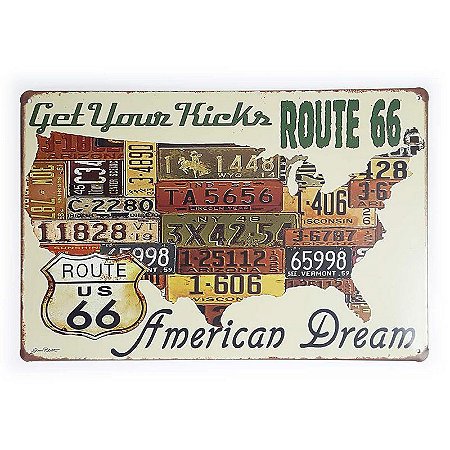 Placa de Metal Route 66 Get Your Kicks - 30 x 20 cm