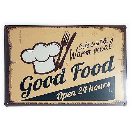 Placa de Metal Good Food Open 24 hours - 30 x 20 cm