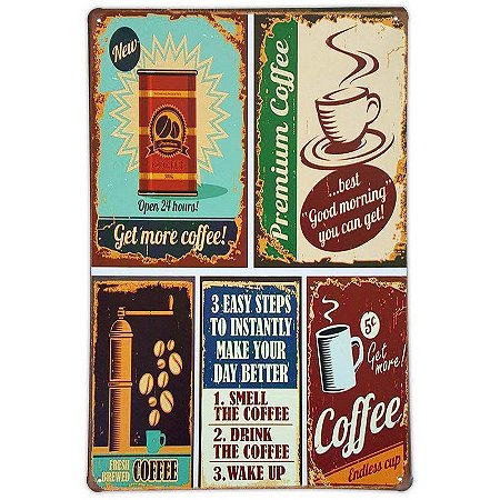 Placa de metal decorativa Retrô Get More Coffee
