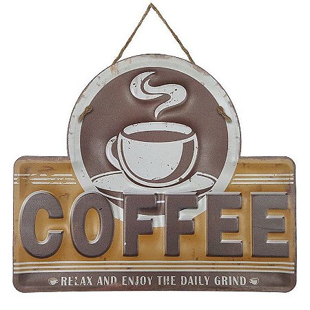 Placa de Metal Alto Relevo Coffee Relax and Enjoy