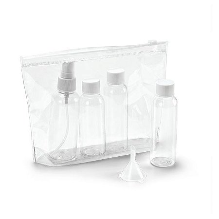 Bolsa de cosméticos hermética PVC Incluso 3 frascos (2 x 65 ml e 60 ml), 1 vaporizador (80 ml) e 1 funil Apropriada para transporte em cabine de avião