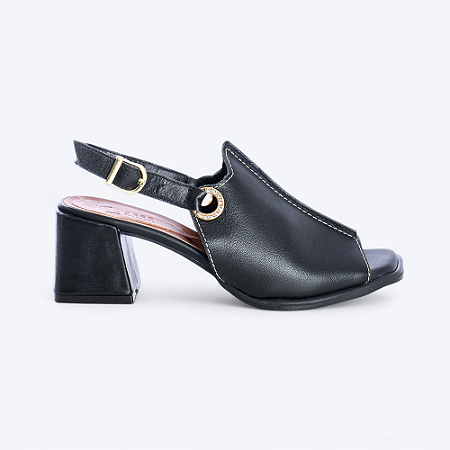 Sandália Salto Bloco em Couro Preto Detalhe em Fivela