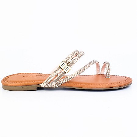 Rasteira Jess Calçados Tiras Cristais Detalhe Ajustável Rose Gold