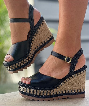 Sandalias Femininas Anabela Preta Salto Alto Espadrille Trança Sola  Emborrachada Leve Macia Lançamento Promoção