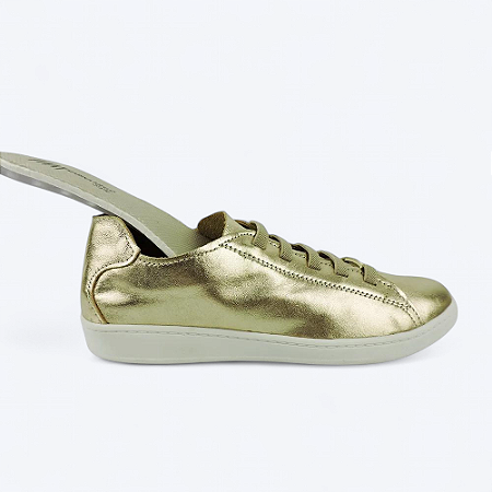 Tênis Feminino Slim Em Couro Legítimo Dourado