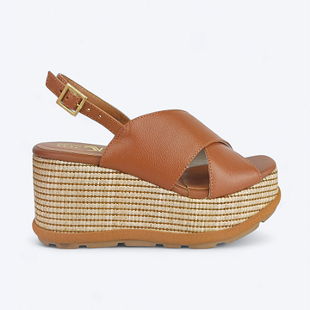 Sandália Plataforma Tiras Cruzadas Em X Couro Caramelo