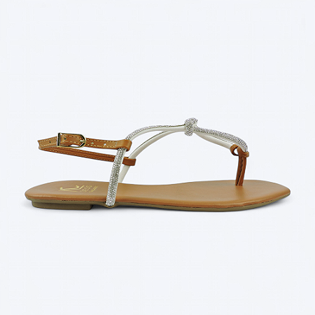 Sandália Rasteira Tina Tiras Caramelo Em Strass Prata