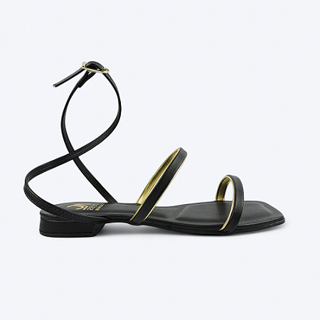 Sandália Rasteira Aurora Preta Detalhe Em Tiras Finas Dourada