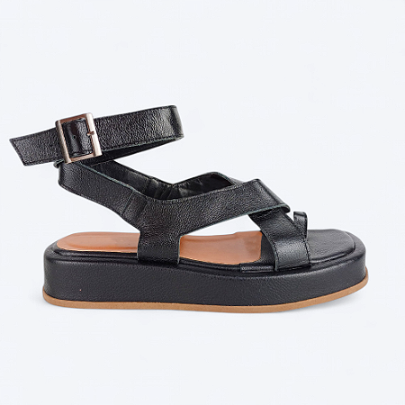 Sandália Flatform Tatá Tiras Cruzadas em Couro Preto