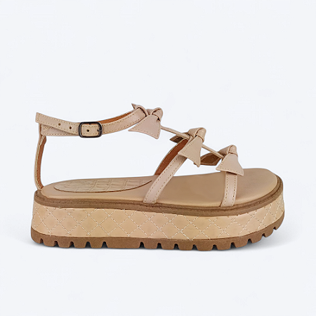 Sandália Flatform Helena Detalhe Em Laços Couro Nude