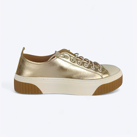 Tênis Babi Cadarço Em Elástico Couro Legítimo Dourado