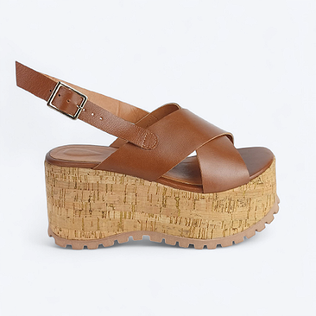 Sandália Plataforma Thaís Tiras Cruzadas Em Couro Café