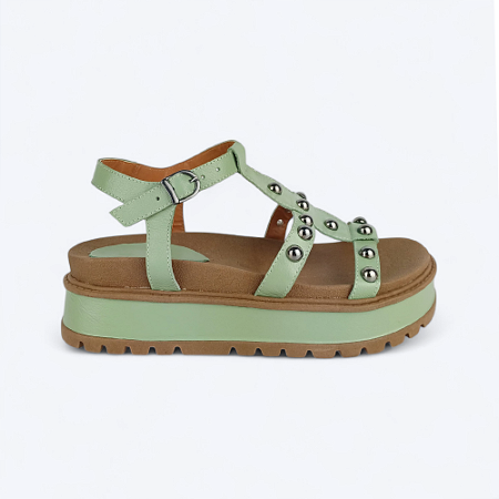 Sandália Flatform Diana Detalhe em Esferas Couro Verde
