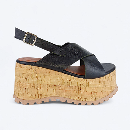 Sandália Plataforma Thaís Tiras Cruzadas Em Couro Preto