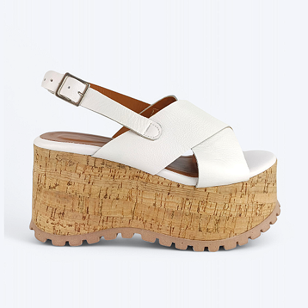 Sandália Plataforma Thaís Tiras Cruzadas Em Couro Branco