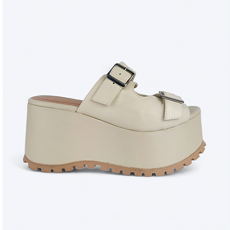 Tamanco Plataforma Luana Fechamento Em Fivelas Couro Off White