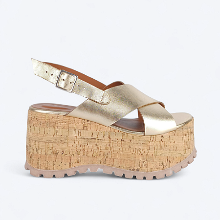 Sandália Plataforma Thaís Tiras Cruzadas Em Couro Dourado
