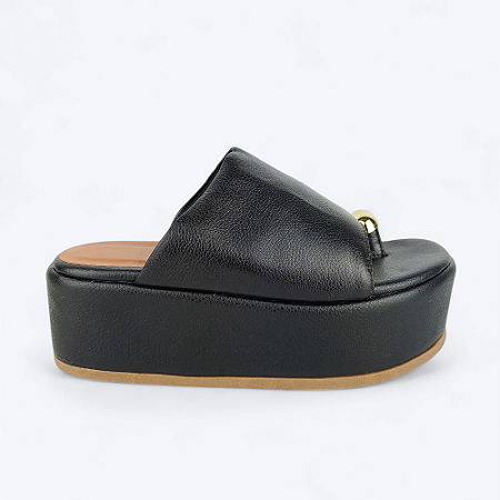 Tamanco Flatform Isabela Detalhe no Dedão em Couro Preto