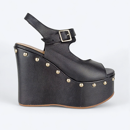 Anabela Olívia Detalhes em Rebite Fivela Quadrada Couro Preto