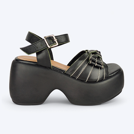 Sandália Plataforma Victoria Detalhe em Laço em Couro Preto