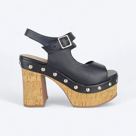 Sandália Meia Pata Tainá Em Couro Preto Detalhe Tarraxa