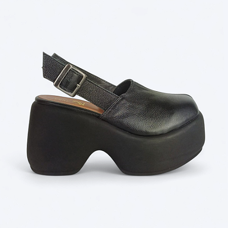Sandália Plataforma Espadrille Gaby em Couro Preto