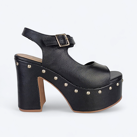 Sandália Meia Pata Rosana Em Couro Preto Detalhe em Tarraxas