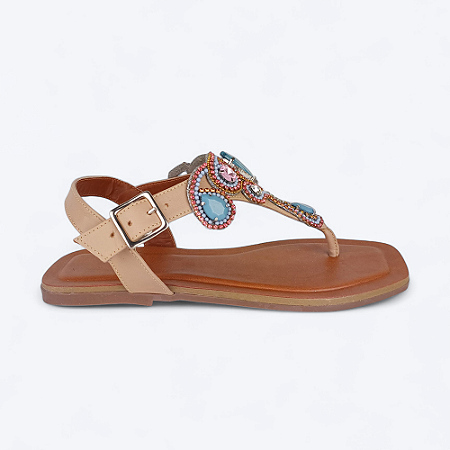 Rasteira Fani Detalhe em Pedraria Colorida em Couro Nude