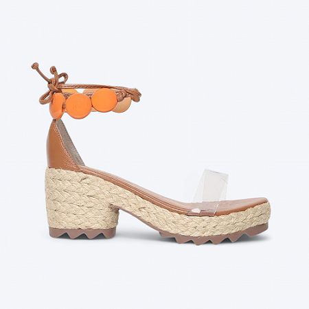 Sandália Bloquinho Vinil Salto Corda Bola Laranja
