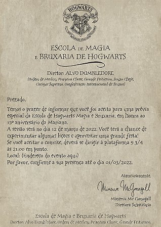 Carta para Hogwarts personalizável (português) em PDF, fácil e rápida