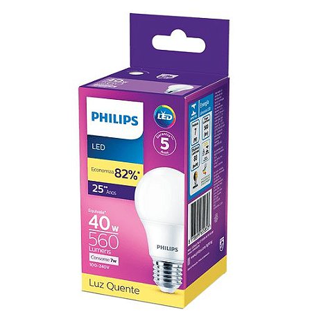 Lâmpada Led Philips 7w E27 Quente Am.560lm