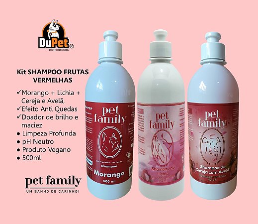 FRUTAS VERMELHAS - Shampoo Cereja, Morango e Lichia 3 Unid. Pet Family 500 ml
