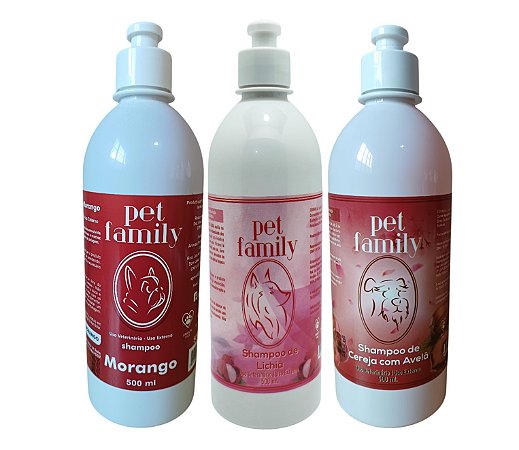 FRUTAS VERMELHAS - Shampoo Cereja, Morango e Lichia 3 Unid. Pet Family 500 ml