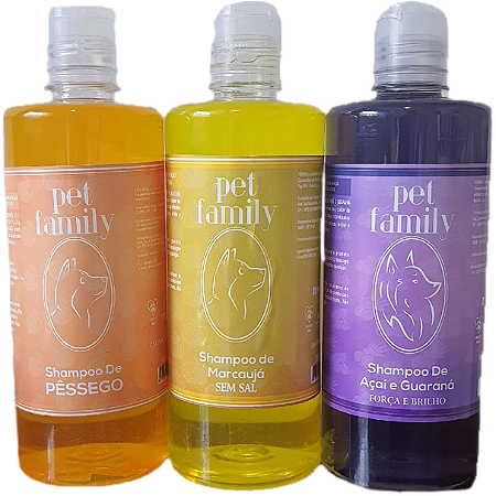 FRUTAS TROPICAIS - Shampoo Maracujá, Açaí com Guaraná e Pêssego 3 Unid. Pet Family 500 ml