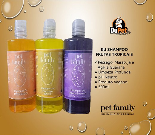 FRUTAS TROPICAIS - Shampoo Maracujá, Açaí com Guaraná e Pêssego 3 Unid. Pet Family 500 ml