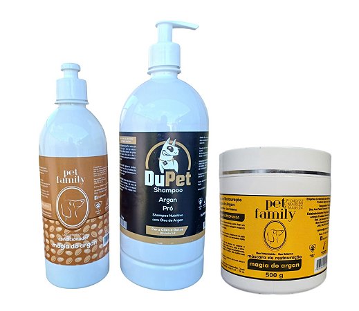 Kit Argan Pet Hidratação e Brilho Shampoo 1L + Condicionador + Máscara 500g - Cão/Gato