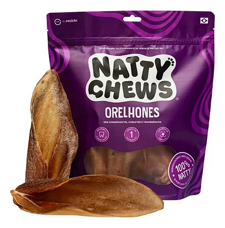 Orelhones Natty Chews - 3 Un Orelha Bovina Petisco Pet Natural