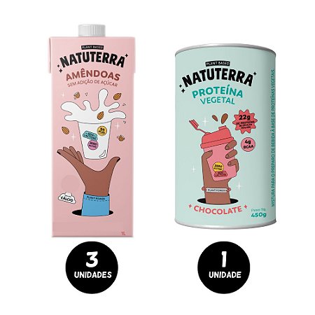 Combo 1 Proteína Vegetal Isolada 450g Sem Açúcar Chocolate + 3 Leites de Amêndoas 1L Sem Açúcar