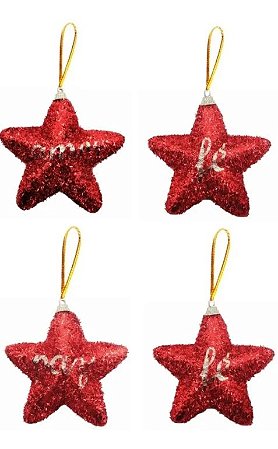Kit 4 Estrelas Pendente Vermelha 10cm Palavra Amor Fé Paz Natal