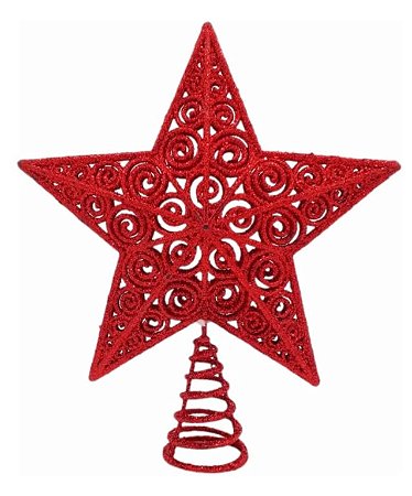 Estrela Vazada Ponteira Glitter Vermelha 20cm Para Árvore Natal