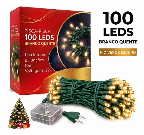 Pisca Pisca Warm Amarelo Cordão 100 Lâmpadas 127v Led 8 Funções 10m