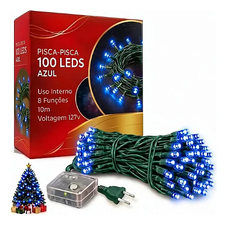 Pisca Pisca Azul Cordão 100 Lâmpadas 127v Led 8 Funções 10m