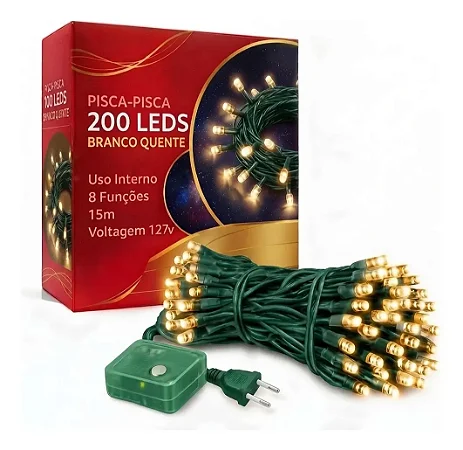 Pisca Pisca Warm Amarelo Branco Quente Cordão 200 Lâmpadas 127v Led 8 Funções 15m