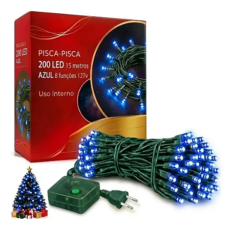 Pisca Pisca Azul Cordão 200 Lâmpadas 127v Led 8 Funções 15m