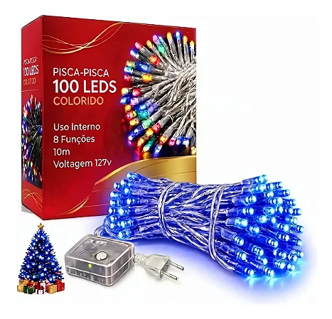 Pisca Pisca Fio Transparente 100 Lâmpadas Led 127v 10m Cor Azul 8 Funções